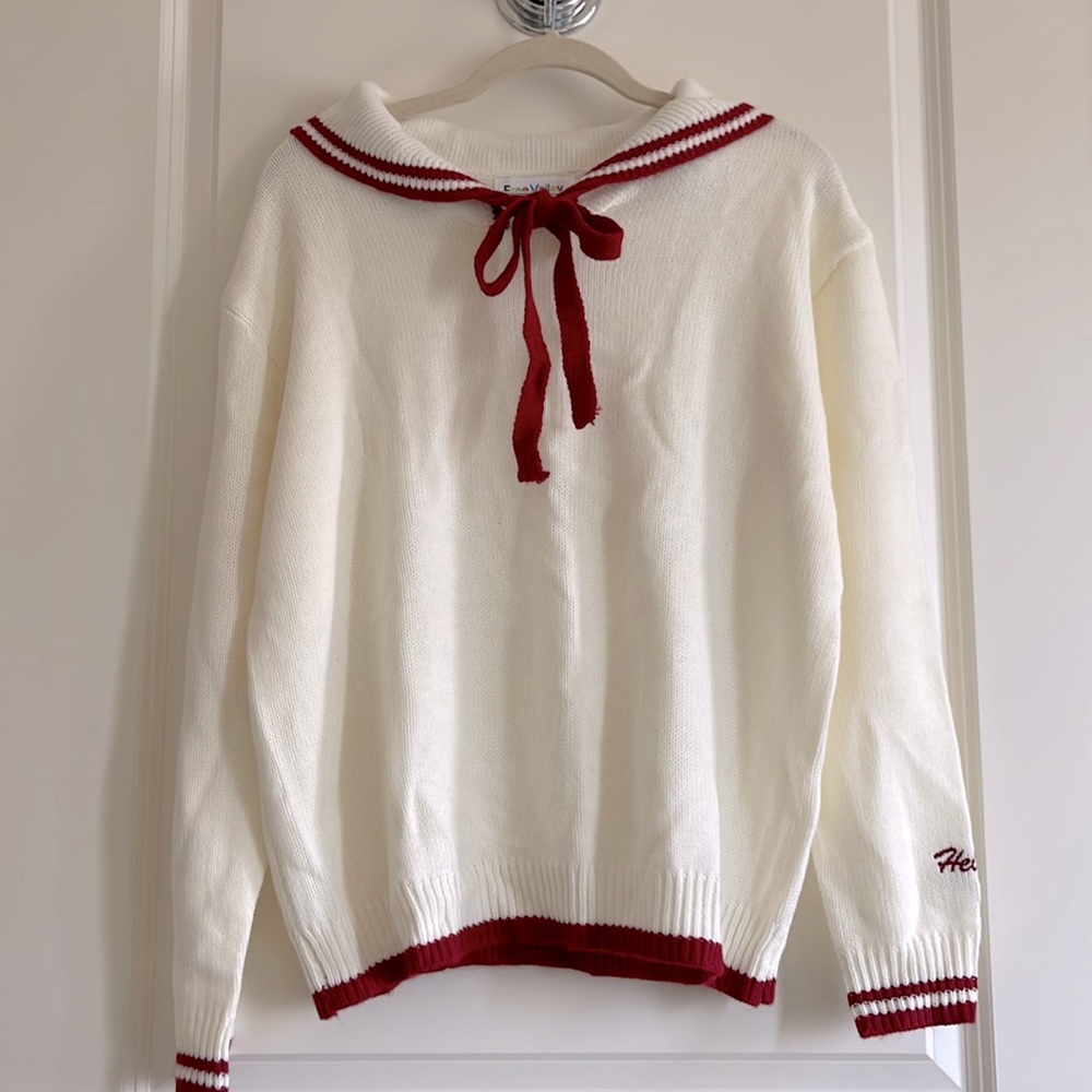 Preppy White Red Sailor Collared Sweater